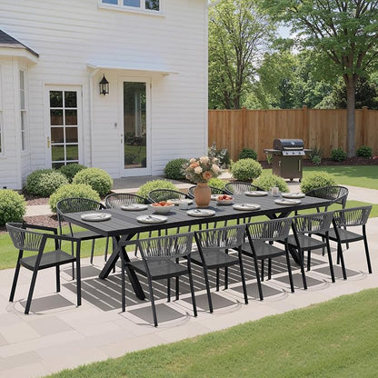 Pellebant Aluminum 13-Piece Outdoor Dining Table Set for 8-12 Person | Patio Stackable Chair with U-Shaped Wicker Backrest, 118" Table with Wood-Grain Top & Umbrella Hole, Aluminum Frame Furniture