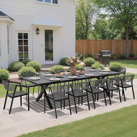 Pellebant Aluminum 13-Piece Outdoor Dining Table Set for 8-12 Person | Patio Stackable Chair with U-Shaped Wicker Backrest, 118" Table with Wood-Grain Top & Umbrella Hole, Aluminum Frame Furniture