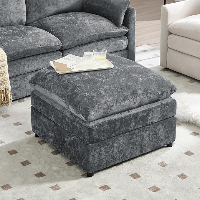 Iroomy 25" Chenille Ottoman, 9.5" Thick Cushion, Upholstered Footrest Modern Footstool & Bench for Living Room, Bedroom, Gray