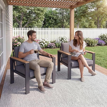 2 PCS Single Seat Aluminum Patio Chairs, Outdoor Furniture with 1.5mm Thick Powder-Coated Frame, Water Repellent Removable Cushions, Lightweight Single Chairs for Balcony Porch Backyard