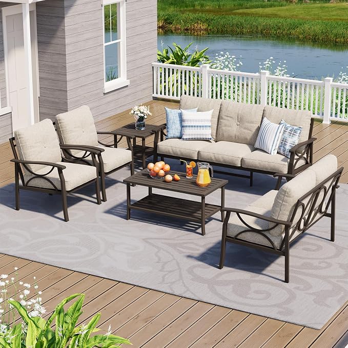FansaFurn 6-Pieces Outdoor Patio Furniture Set, Outdoor Metal Sectional Furniture with Cushions, Outdoor Conversation Seating Set with Coffee Table for Garden, Balcony, Deck, Backyard, Khaki