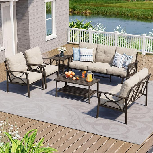 FansaFurn 6-Pieces Outdoor Patio Furniture Set, Outdoor Metal Sectional Furniture with Cushions, Outdoor Conversation Seating Set with Coffee Table for Garden, Balcony, Deck, Backyard, Khaki