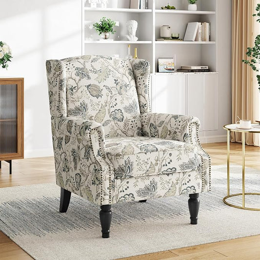 Floral Print Wingback Accent Chair, Retro Modern Farmhouse Armchair with High Back, Tufted Nailhead Trim & Solid Wood Legs, Upholstered Comfy Reading Chair for Living Room Bedroom Office, Plants Beige