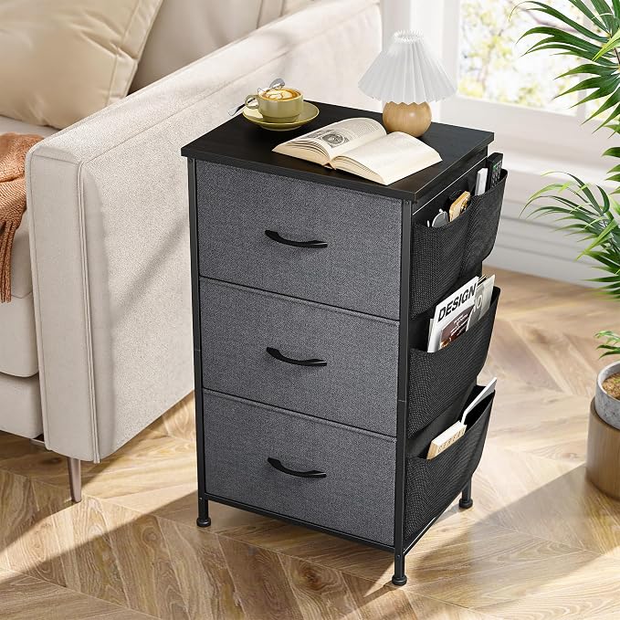 Night Stand Set 2, Nightstand with Drawers for Bedroom, Bedside Table with Wooden Top, Sturdy Steel Frame End Table, Dorm Nightstand for Bedroom, Entryway, Hallway, Closet, Cloth Bags, Hooks, Grey