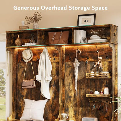 iPormis 70“ Large Hall Tree with Bench and Adjustable Storage Shelves, 6-in-1 Farmhouse Entryway Bench w/Coat Rack, Top Storage, Small Shelves for Entryway, Living Room, Led Lights, Rustic Brown