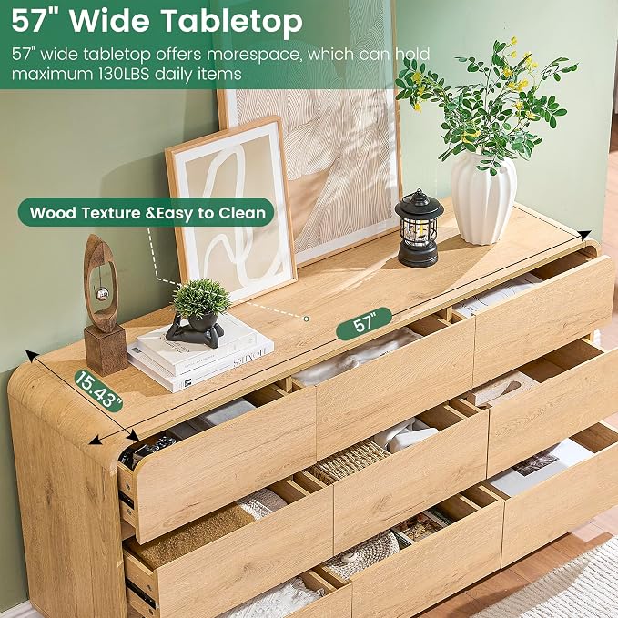 Standifurno Natural Dresser for Bedroom with 9 Drawers, 57" Wide Modern Drawers with Curved Design, Wood Drawer Organizer for Living Room, Hallway