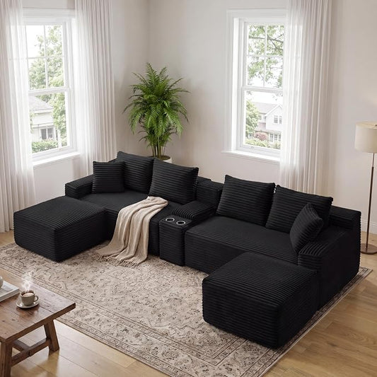 127" U-Shaped Cloud Sectional Couch Oversized Modular Compressed Boneless Sectional Sofa with Ottoman Chaise Lounges & Console, Plush Corduroy Boneless Symmetrical Sofa