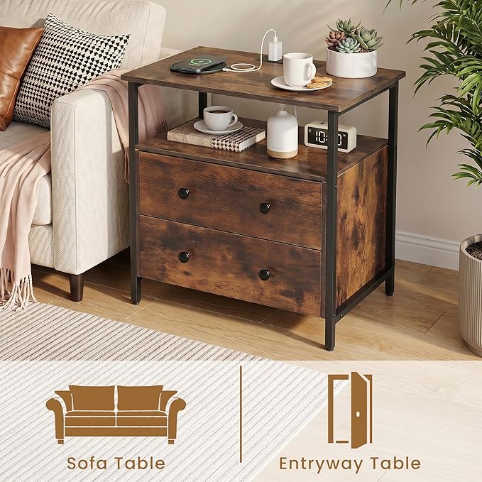 Edbuosy 27 inch Wide Night Stand with Charging Station, Bedside Table with Open Shelf, 2 Drawers Small Wood Dresser, Modern Wood Nightstand for Bedroom/Living Room, Retro Brown