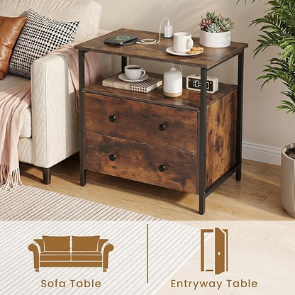 Edbuosy 27 inch Wide Night Stand with Charging Station, Bedside Table with Open Shelf, 2 Drawers Small Wood Dresser, Modern Wood Nightstand for Bedroom/Living Room, Retro Brown