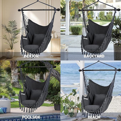 SUNCREAT Hammock Chairs Hammock Chair Swing with Steel Support Bar, Side Pocket, Large Swing Chair for Bedroom, Patio, Garden, Dark Gray
