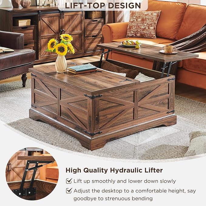 JXQTLINGMU Farmhouse Lift Top Coffee Table with Large Storage, 36" Square Wood Living Room Table with Hidden Compartment, Lift Tabletop Dining Table for Home, Brown