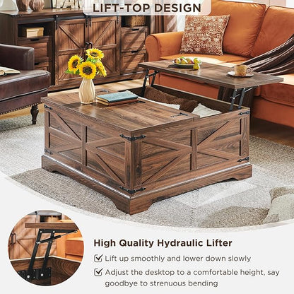 JXQTLINGMU Farmhouse Lift Top Coffee Table with Large Storage, 36" Square Wood Living Room Table with Hidden Compartment, Lift Tabletop Dining Table for Home, Brown