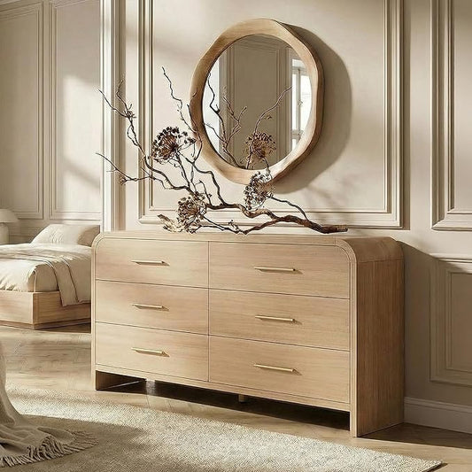 Curved 6-Drawer Dresser for Bedroom, 54" Wide Modern Chest of Drawers, Vanity Desk TV Stand for Living Room, Closet Storage Drawers Organizer Furniture, Nursery, Hallway, Grey Oak