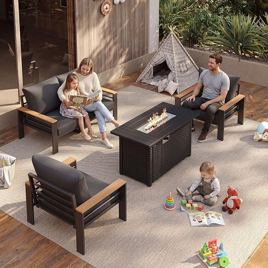 Aoxun Patio Furniture Set, Aluminum Patio Set with Fire Pit Table and 5" Thicken & Washable Cushion, Waterproof Outdoor Furniture, Outdoor Couch Sectional for Backyard (4 Seats/F, Dark Grey)