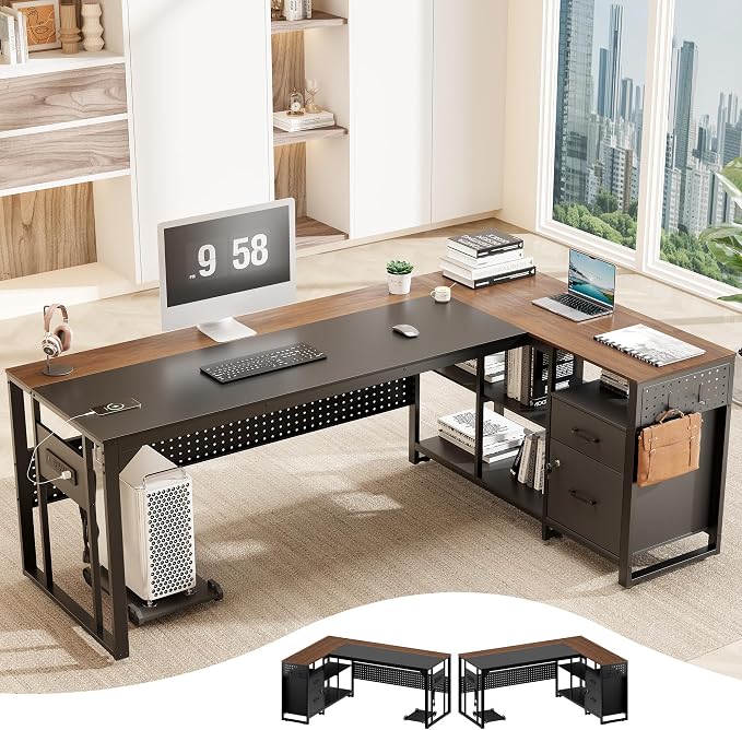 MALOL 70.3" L-Shaped Office Desk, Reversible L-Shaped Computer Desk with Power Outlet, Large Executive Desk with Locked File Drawers & Storage Shelves, Pegboard, Mobile CPU Stand, Modern Corner Desk