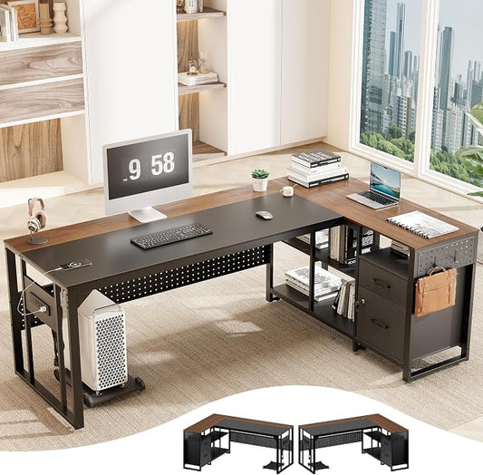 MALOL 70.3" L-Shaped Office Desk, Reversible L-Shaped Computer Desk with Power Outlet, Large Executive Desk with Locked File Drawers & Storage Shelves, Pegboard, Mobile CPU Stand, Modern Corner Desk