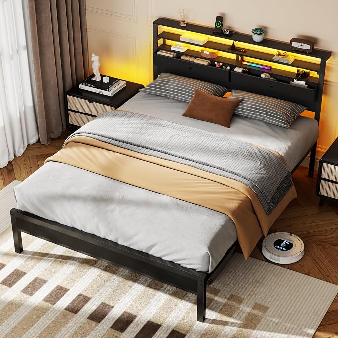 Furnulem Queen Bed Frame with Headboard & 2 Fabric Drawers, Queen Platform Bed Featuring LED Lights, 3-Tier Storage Shelves Built-in Charging Station, Metal Slats, No Box Spring Needed, Easy Assembly