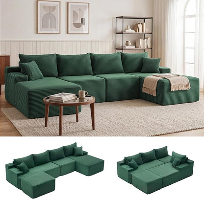 Mangodan 118'' Cloud Sectional Couch, U Shaped Boneless Couches for Living Room, Modular Sectional Sofa with Deep Seat Right Facing Chaise, Comfy Cloud Couch Sofa, Green