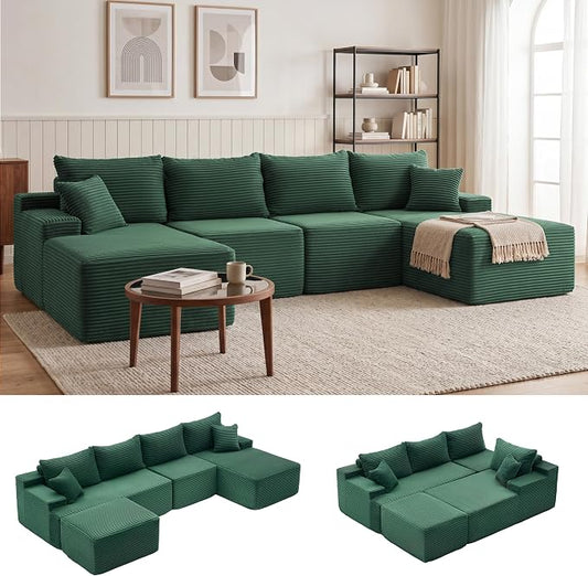 Mangodan 118'' Cloud Sectional Couch, U Shaped Boneless Couches for Living Room, Modular Sectional Sofa with Deep Seat Right Facing Chaise, Comfy Cloud Couch Sofa, Green