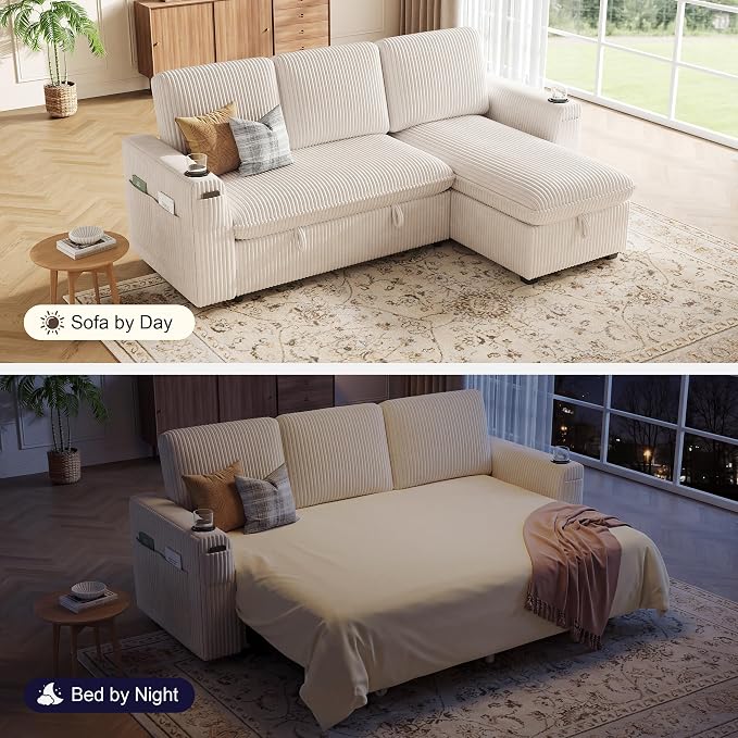 Sectional Sleeper Sofa with Pull Out Bed, Plush Corduroy Sectional Sofa with Storage Chaise and Adjustable Backrest, Cloud Sectional Couches for Living Room, Apartment, Beige