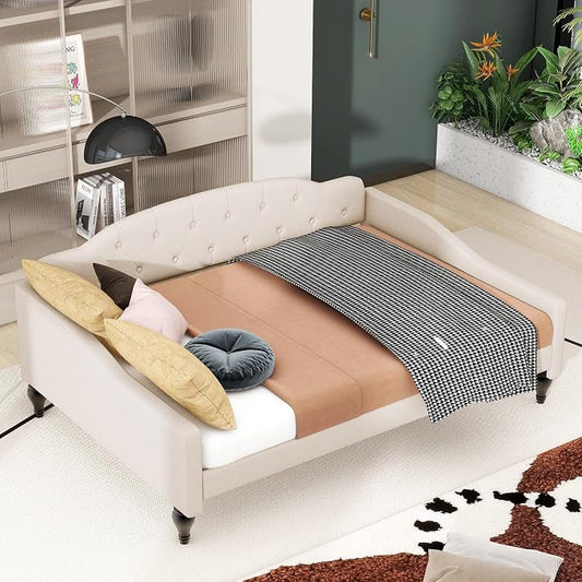 Merax Full Size Daybed, Solid Wood Sofa Bed Frame, Upholstered Tufted Daybed for Living Room, Bedroom and Guest Room, Beige