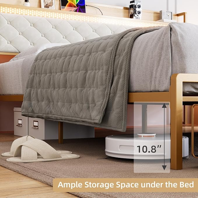 GarveeHome King Bed Frame with 2 Storage Drawers, LED Bed Frame with 2-Tier Storage Headboard&Charging Station, Metal Platform Bed Frame, No Box Spring Needed, Noise Free, White