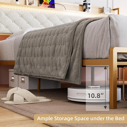 GarveeHome King Bed Frame with 2 Storage Drawers, LED Bed Frame with 2-Tier Storage Headboard&Charging Station, Metal Platform Bed Frame, No Box Spring Needed, Noise Free, White