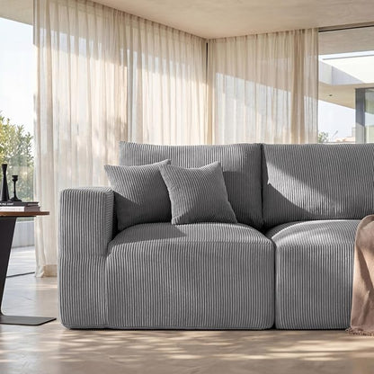 Modular Sectional Sofa with Ottoman, L-Shaped Cloud Couch, 79" Memory Foam Boneless Loveseat with Chaise, No Assembly Required Corduroy Frameless Sofa for Small Living Room Apartment Home Decor, Grey