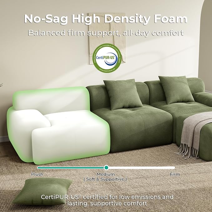 LIKIMIO LumiCord Modular Sectional Sofa with Ottoman, 118" L-Shaped Boneless Couch for Living Room, Oversized Deep Seat with Corduroy Upholstery, No Assembly Required, Olive Green