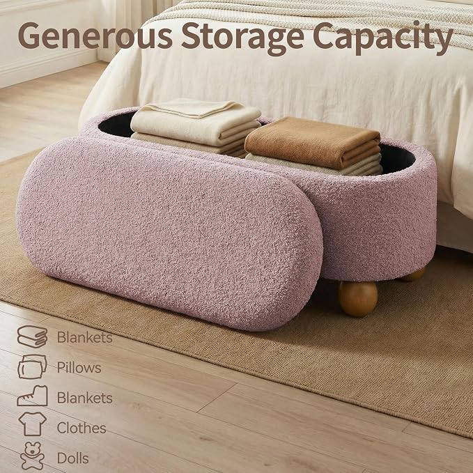VKNOW 44.8" Storage Ottoman Bench End of Bed Bench, Thickened Upholstered Blanket Chest for Living Room, Entryway Bench with Cute Spherical Solid Wood Stool Legs for Bedroom, Pink