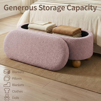 VKNOW 44.8" Storage Ottoman Bench End of Bed Bench, Thickened Upholstered Blanket Chest for Living Room, Entryway Bench with Cute Spherical Solid Wood Stool Legs for Bedroom, Pink