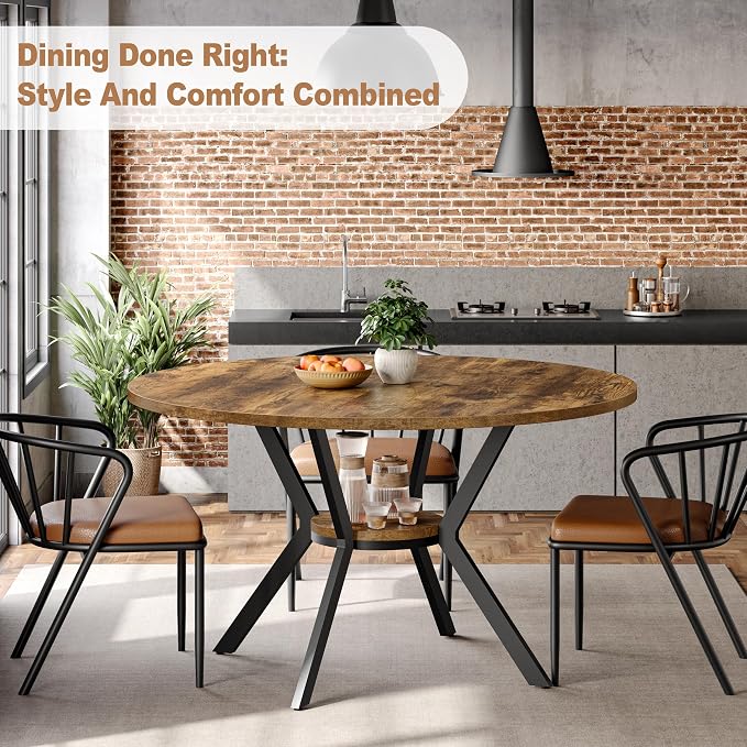 MECHYIN Round Dining Table for 2-4, 42 Inch Wood Kitchen & Dining Room Tables with Storage, Circle Dinner Table with Metal Legs, Space Saving Small Table for Dining Room, Kitchen, Rustic Brown