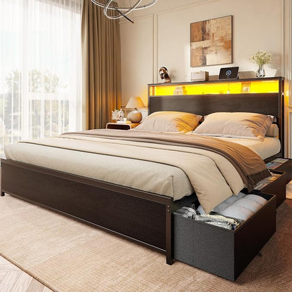 Forestell Queen Bed Frame with Headboard & 6 Drawers, Metal Platform Bed Frame Queen Size with LED Lights & Charging Station, 2 Tier Shelf Storage Bedframe-No Box Spring Needed, Noise Free, Black