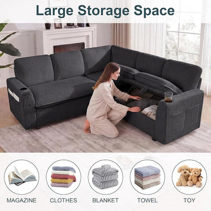 Sectional Sleeper Sofa with Pull Out Bed, Plush Corduroy 5 Seat Modular Sectional Sofa with Storage Chaise and Adjustable Backrest, Cloud Couches for Living Room, Apartment, Dark Grey
