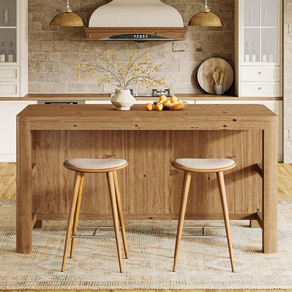63-Inch Solid Wood Kitchen Island with Storage Shelves, Farmhouse Island Table with Seating, Counter Height Bar Table for Dining Room, Kitchen, Easy to Assemble, Natural Wood
