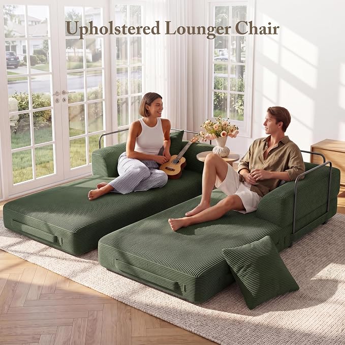 89" Cloud Boneless Convertible Sofa Bed, 5-in-1 Foldable Compressed High-Density Sponge Sofa, Corduroy Fabric 3 Seater Sleeper Couch Futon Daybed for Living Room Bedroom (Green)