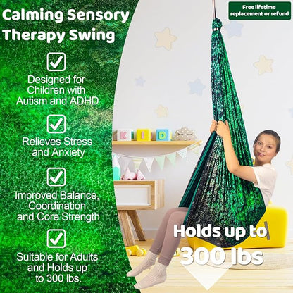 HiCamer Sensory Swing for Kids & Adults Holds 300lbs Indoor/Outdoor Therapy Cuddle Swing with 360° Swivel Hanger Kit (Crystal Green)