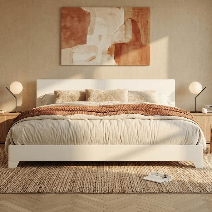 SHA CERLIN PU Leather Upholstered King Size Bed Frame with Headboard,White | Adjustable Low-Profile Platform Bed, Minimalist Design, Stable Mattress Foundation, Strong Back-Support, No Box Spring Needed