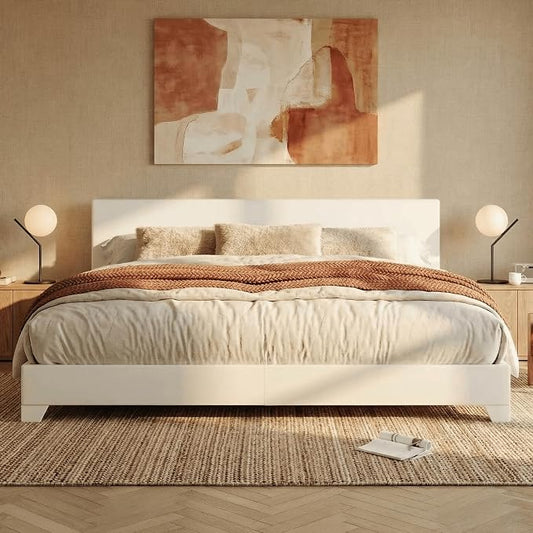 SHA CERLIN PU Leather Upholstered King Size Bed Frame with Headboard,White | Adjustable Low-Profile Platform Bed, Minimalist Design, Stable Mattress Foundation, Strong Back-Support, No Box Spring Needed