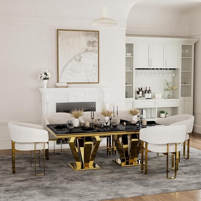 Dining Chairs Set of 5, White and Gold Barrel Boucle Dining Chairs with Arms and U-Shaped Mirrored Gold Legs, Contemporary Side Chairs for Dining Table, Kitchen and Dining Room Restaurant
