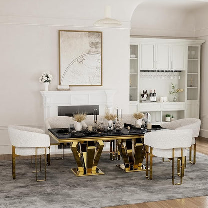 Dining Chairs Set of 5, White and Gold Barrel Boucle Dining Chairs with Arms and U-Shaped Mirrored Gold Legs, Contemporary Side Chairs for Dining Table, Kitchen and Dining Room Restaurant