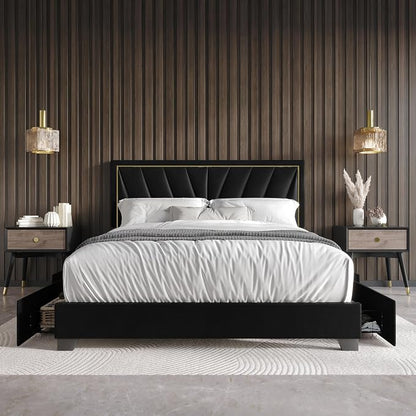 HOME DESIGN Valdez King Size Upholstered Storage Platform Bed Frame, Velvet Fabric, Channel Tufted Headboard, 4 Drawers, No Box Spring Needed, Black