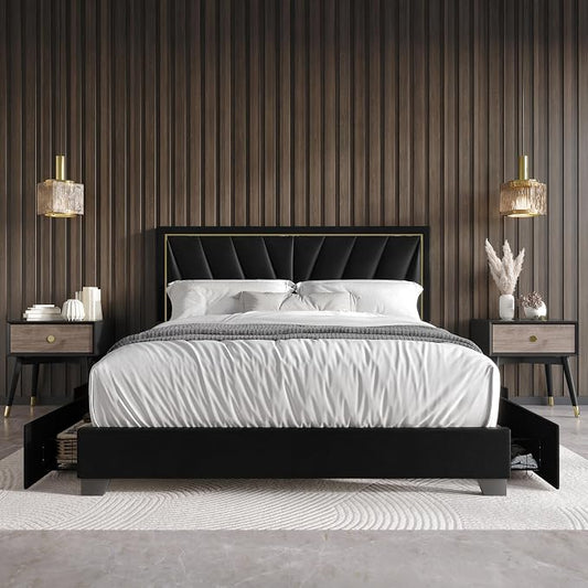 HOME DESIGN Valdez Full Size Upholstered Storage Platform Bed Frame, Velvet Fabric, Channel Tufted Headboard, 4 Drawers, No Box Spring Needed, Black