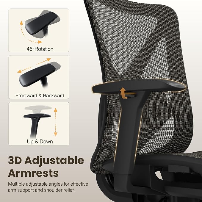 Ergonomic Office Chair, Mesh Computer Desk Chairs with Adjustable Lumbar Support, 3D Armrests, Tilt Function, Comfy Wide Seat, Swivel Executive Work Task Chair for Company and Home