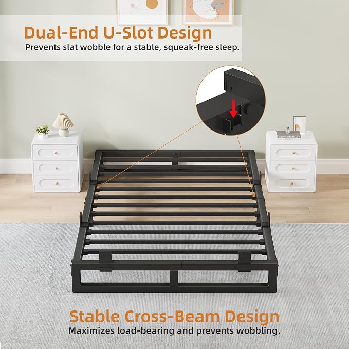 Twin Bed Frames, 6 Inch Metal Platform Bed Frame with Squeak Free U-Slot Design, 6 Non-Slip Guards, 3500lbs Heavy Duty Steel Slat Support, No Box Spring Needed, Under Bed Storage, Black