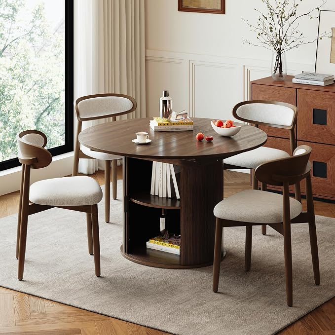 Wooden Dining Chairs Set of 4, Modern Fabric Upholstered Dining Room Chair, Kitchen Side Chairs, Farmhouse Dinner Chair with Curved Back for Kitchen, Beige
