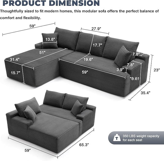 Mangodan Cloud Sectional Couch, Boneless Sofa for Living Room, Fluffy Comfy Couch with Deep Seat, Modular Sectional Sofa with L-Shaped Chaise, No Assembly Required, Dark Grey