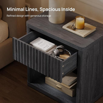 SICOTAS Night Stand Set of 2 Nightstands with Drawer Storage Fluted Bed Side Table End Table Large Modern Wide Bedside Mid Century Night Stands for Bedroom Living Room Sofa Office, Dark Grey Alder