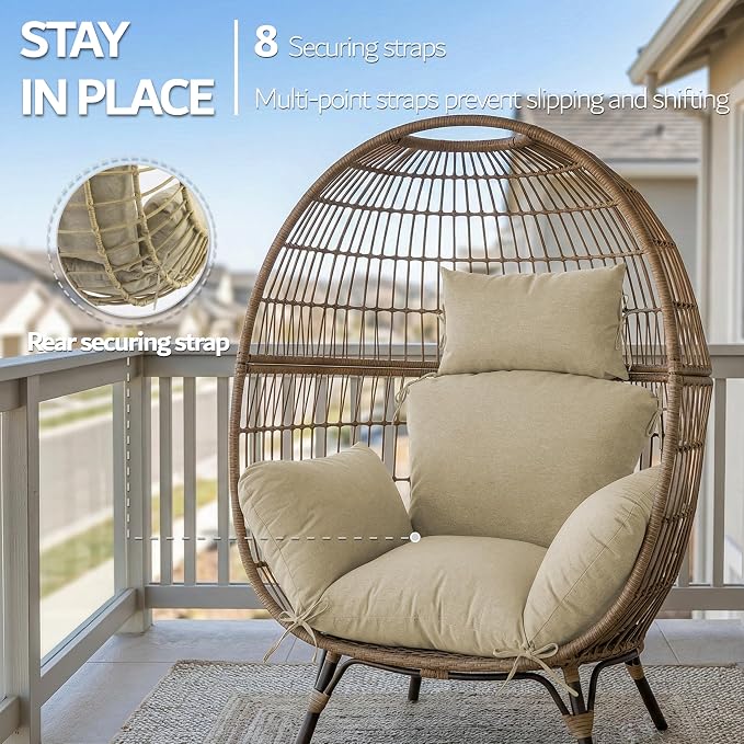 Egg Chair Cushion with 8 Securing Straps, Water-Repellent & Fade-Resistant Faux Linen, Removable Cover, Replacement Cushion for Most Single Outdoor Hanging Swing Egg Chairs – Nature