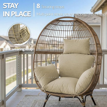 Egg Chair Cushion with 8 Securing Straps, Water-Repellent & Fade-Resistant Faux Linen, Removable Cover, Replacement Cushion for Most Single Outdoor Hanging Swing Egg Chairs – Nature